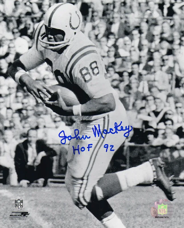 John Mackey Signed Colts B&W Running With Football 8x10 Photo w/HOF'92